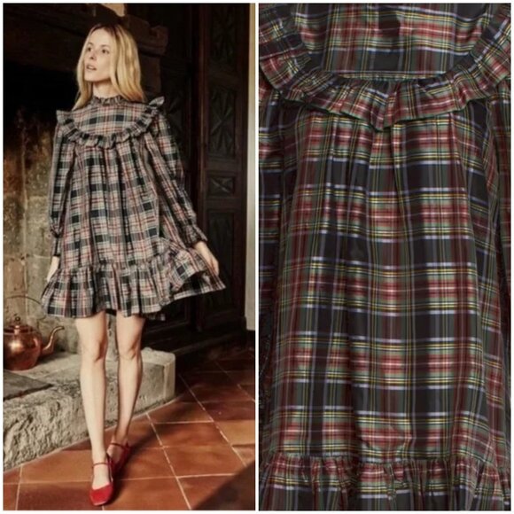 NWT DÔEN Bromley Silk Tent Dress Plaid Ruffle Babydoll Mini Size XS - Picture 5 of 8
